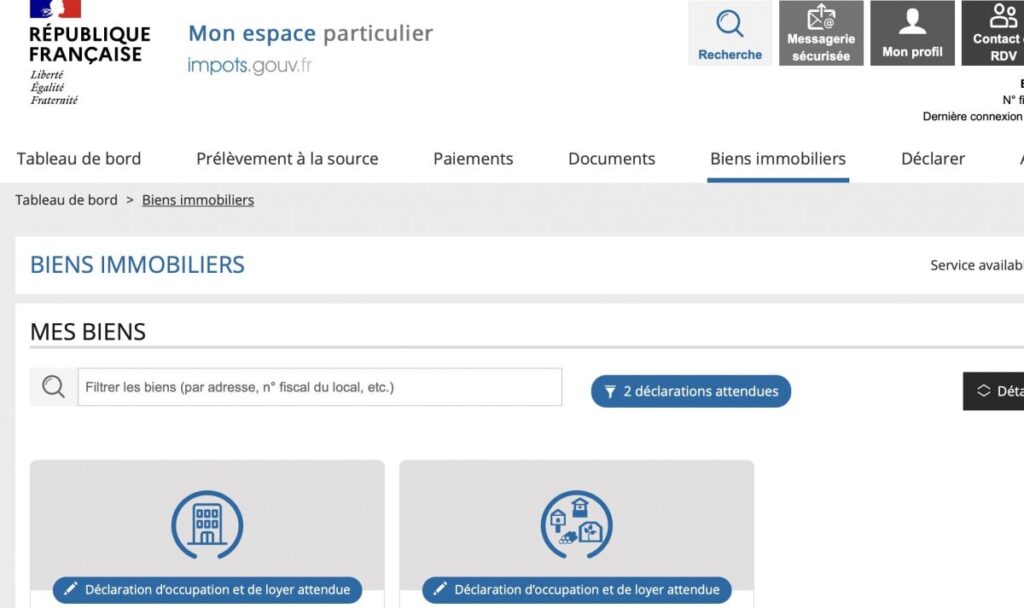Espace particulier sur impots.gouv.fr pour déclarer ses biens immobiliers