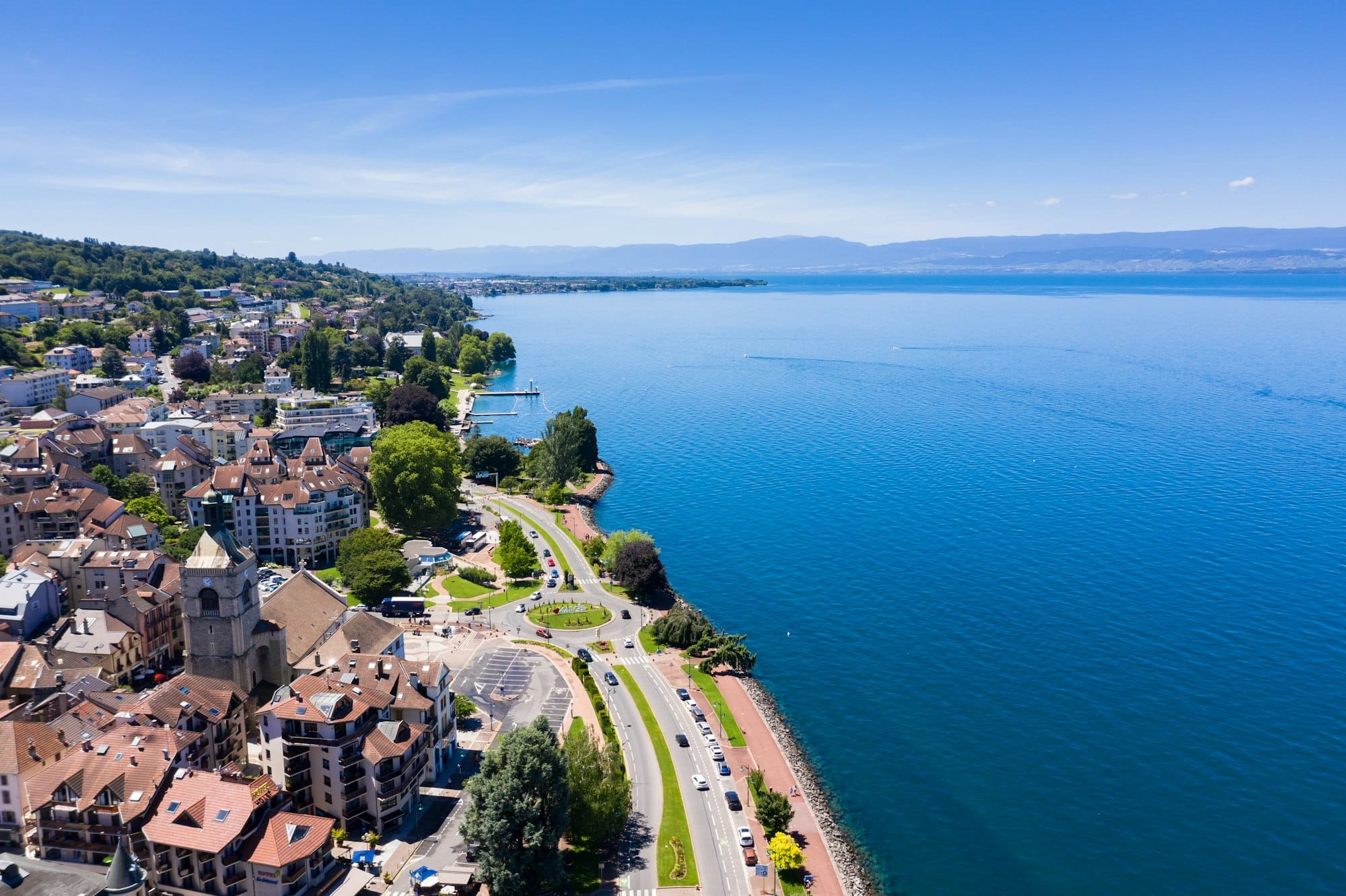 Aerial view of Evian (Evian-Les-Bains) city in Haute-Savoie in France