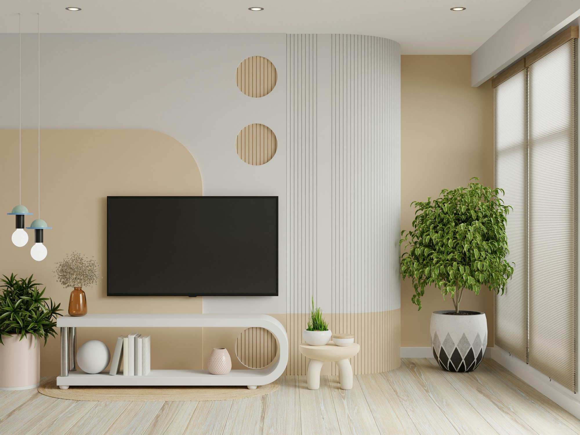 Living room with tv on cabinet in the two tone color wall,Japandi style